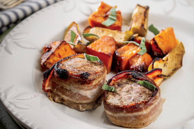 Bacon-Wrapped Pork Tenderloin with Sweet Potatoes and Apples